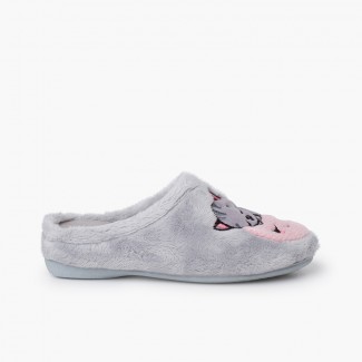 Zapatillas casa tipo zueco gato y luna  Gris